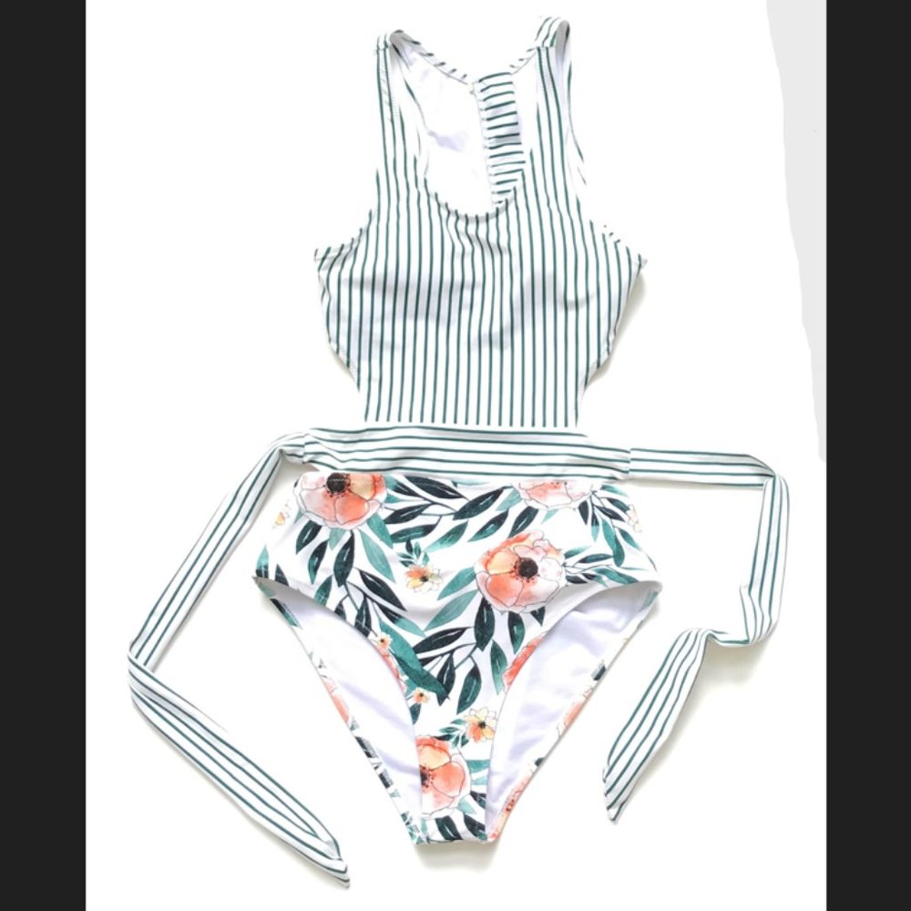 Cupshe One Piece Swimsuit S Cutout Pink Green Stripe Floral Multicolor Tie Belt